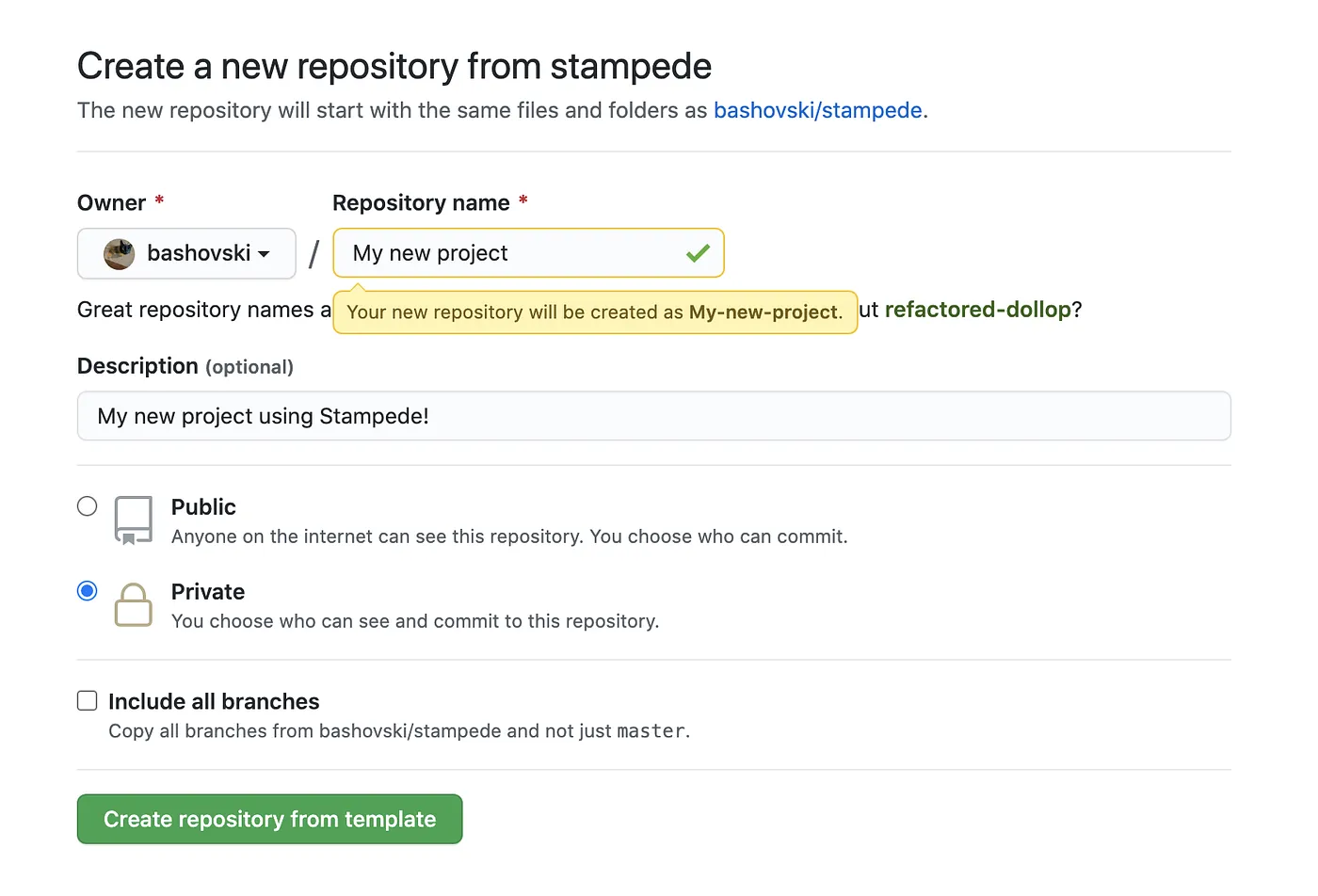 GitHub’s “Create a new repository from stampede” form, with the repository named “My new project”